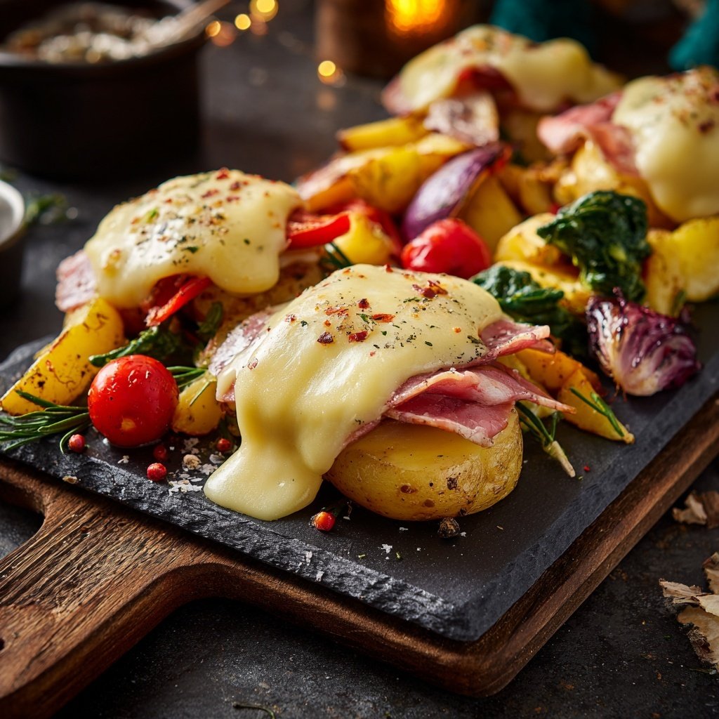 Raclette-Weihnachtsplatte mit Kartoffeln, Gemüse und Fleisch​