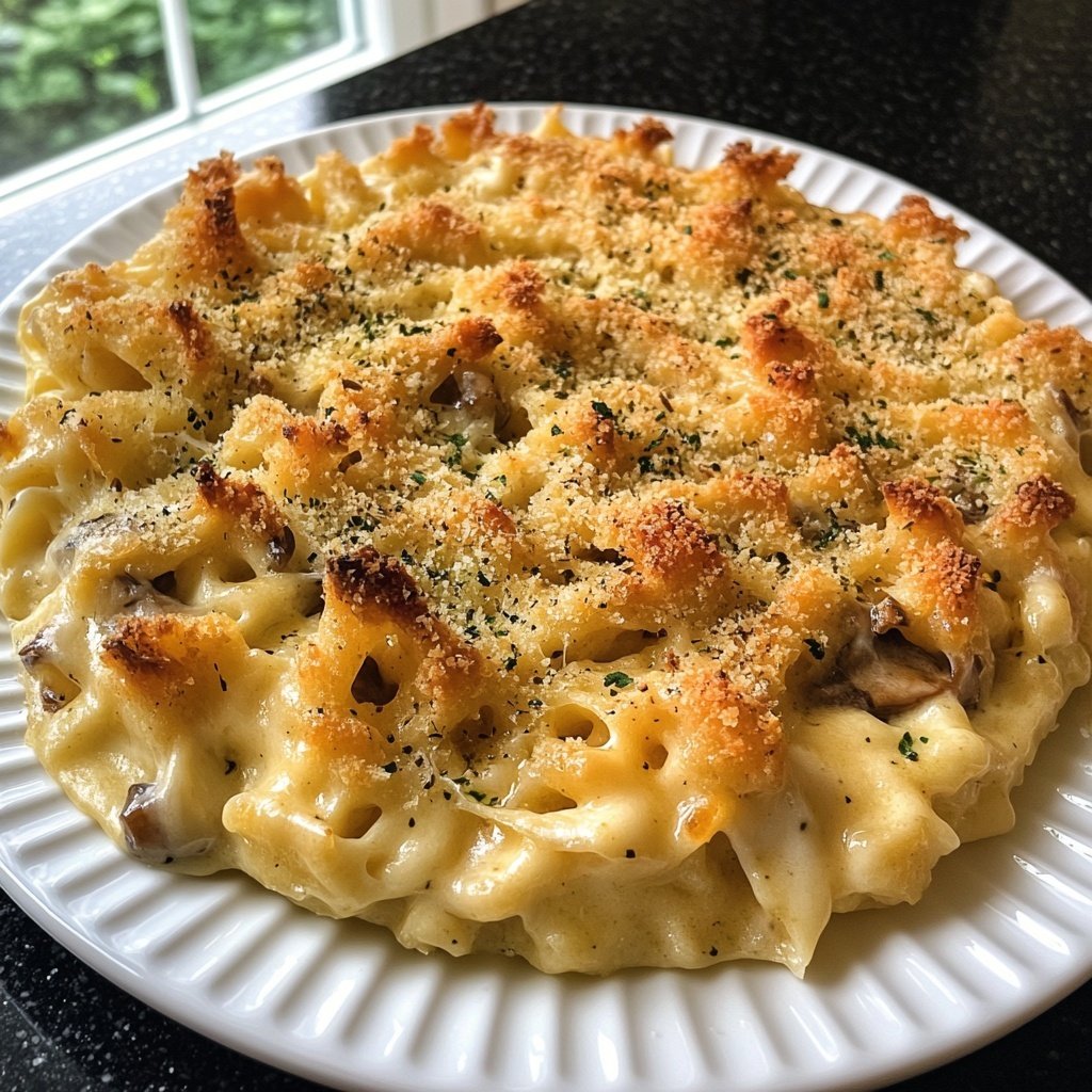 Kräuter-Käsespätzle Auflauf mit Waldpilzen