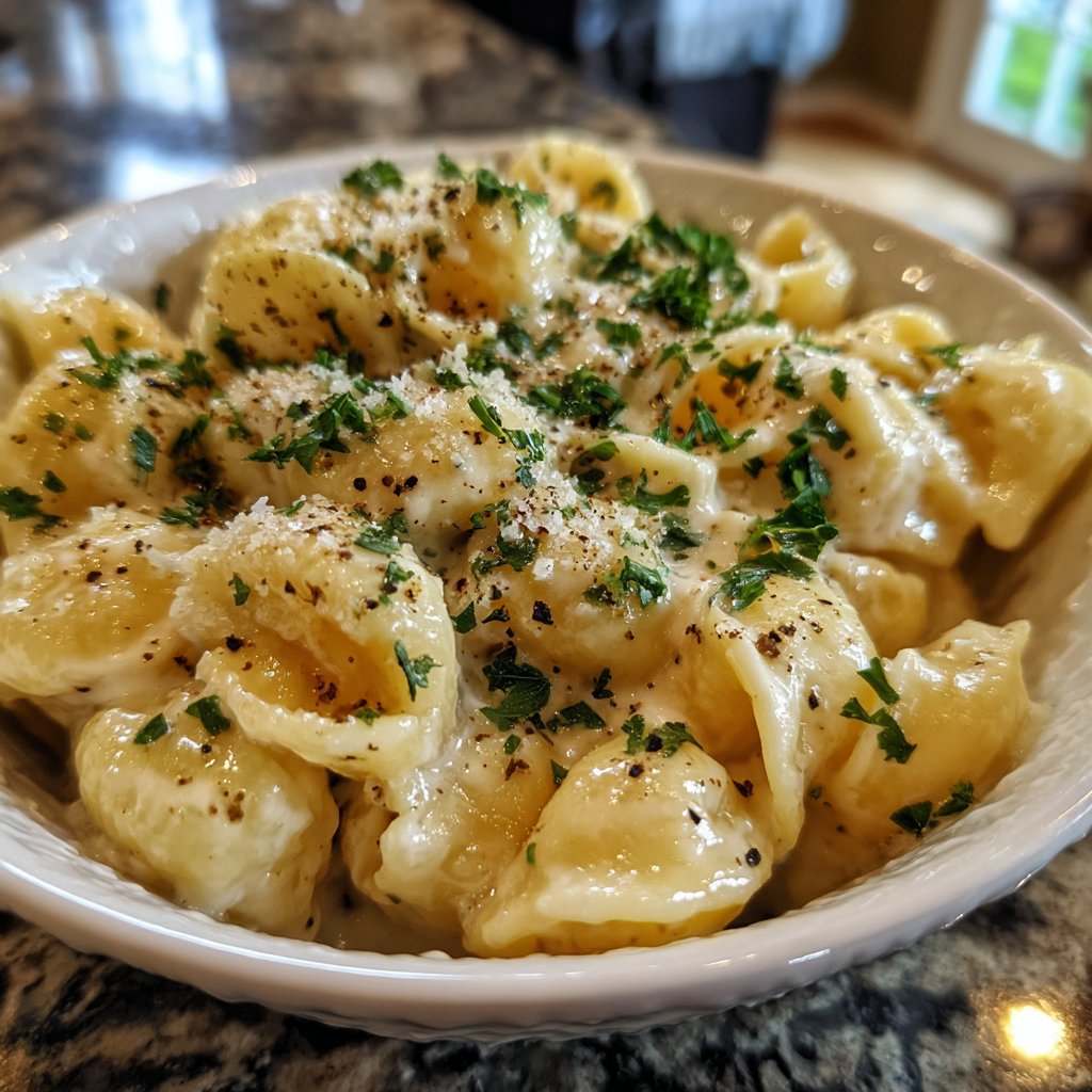 Cremige knoblauchige Alfredo Ditalini Pasta