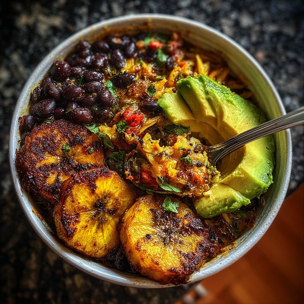 Karibische Kochbananen Schwarzbohnen Bowl