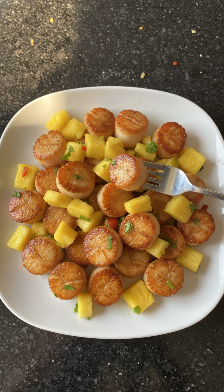 Karibische Gebratene Jakobsmuscheln mit Ananas